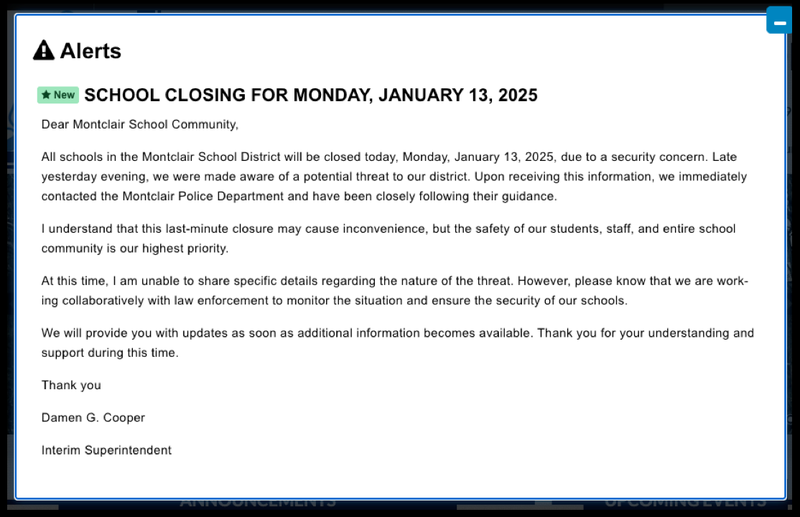 The initial message from interim superintendent Damen Cooper posted Monday said schools had been closed for a "security concern"
