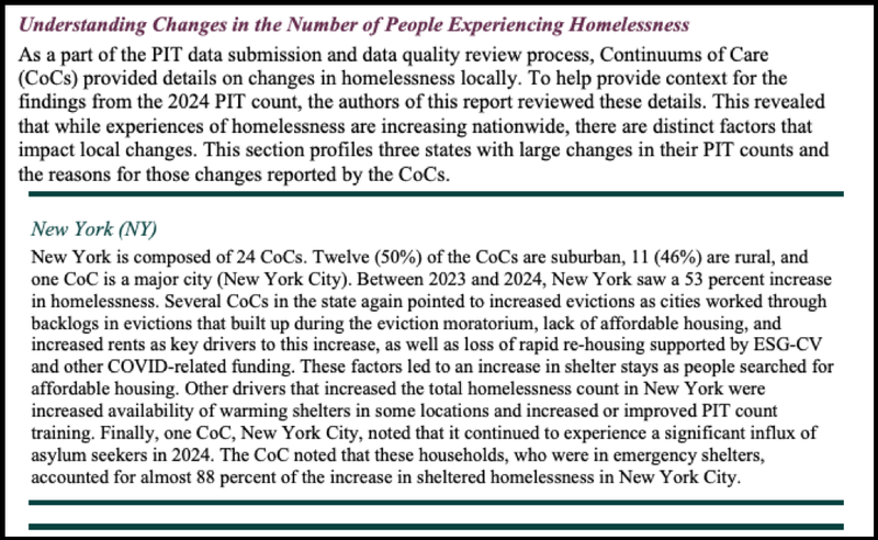 An excerpt from the report shows reasons for the surge in homelessness in New York included an increase in evictions and a lack of affordable housing