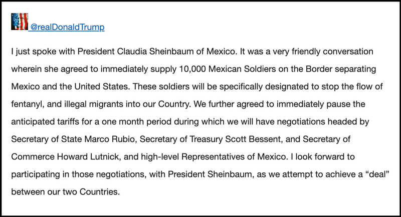 aTrump said on Truth Social that he's attempting a "deal" on the tariffs with both Mexico and Canada