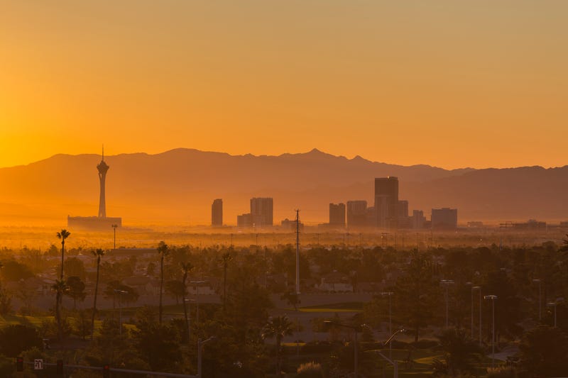 A haze hangs over the Las Vegas skyline