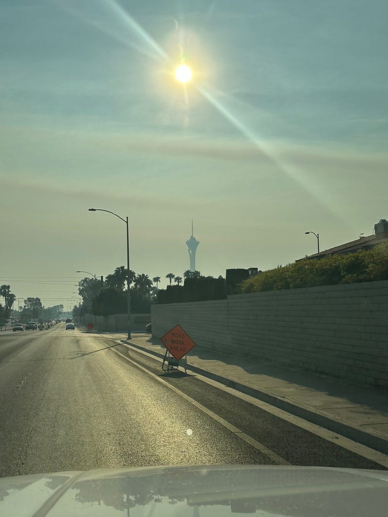 A haze from wildfire smoke settles in over the Las Vegas valley