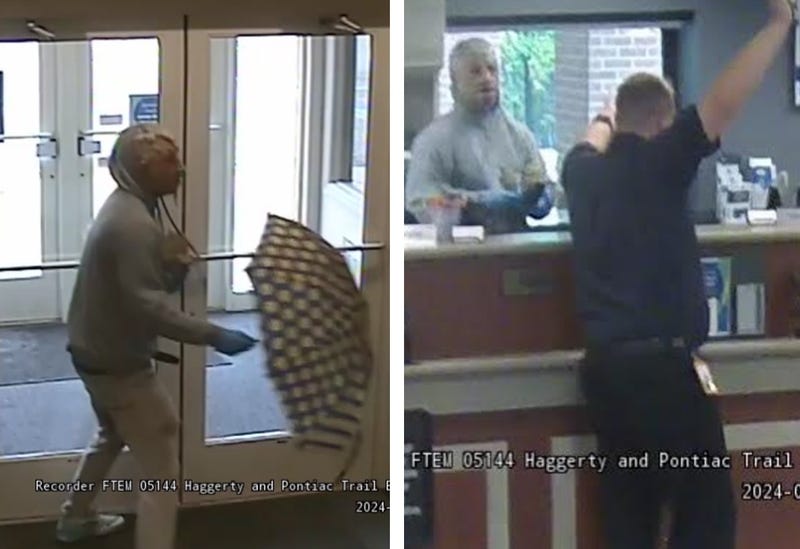 Bank robbery suspect in old man mask with polka dot umbrella