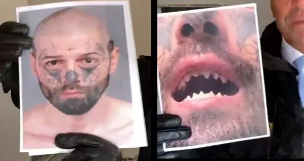 Mugshot of Michael Barajas and his filed-down teeth