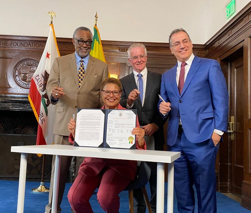 Los Angeles Mayor Karen Bass signs city's revised budget.