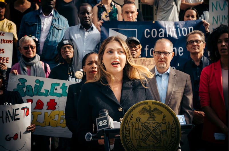 Teddy Siegel, founder of got2gonyc, at Thursday's rally advocating for legislation that would expand public bathroom access to New Yorkers.