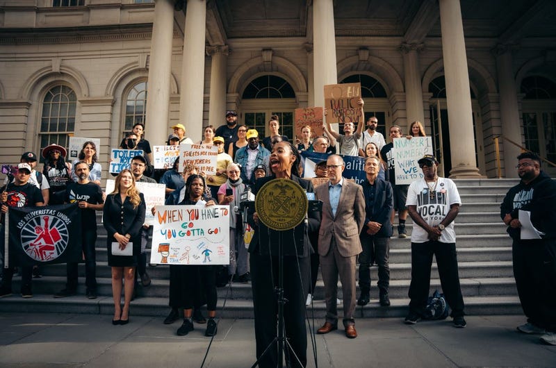 A group of officials and advocates rallied outside City Hall on Thursday to advocate for legislation that would expand public bathroom access across New York City.