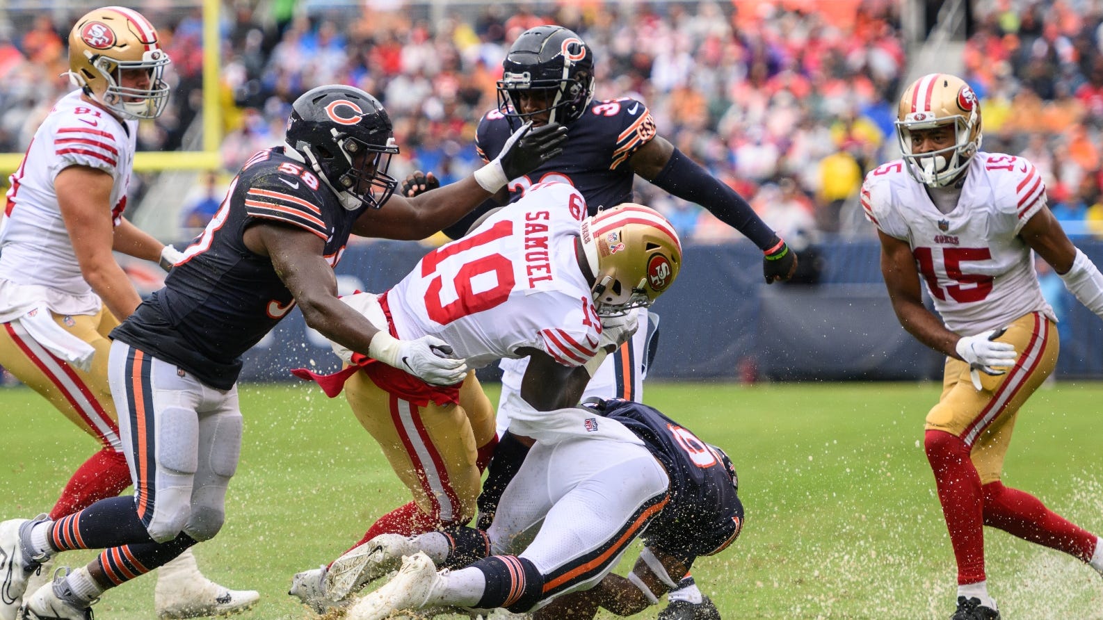 Bears dominate 2nd half to earn rain-soaked 19-10 win over 49ers in opener of Eberflus era