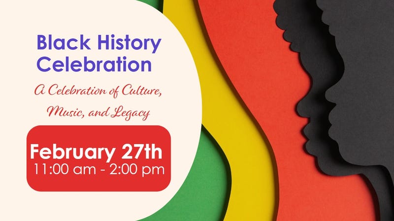 Black History Celebration flyer with two black silhouettes against red, yellow, and green