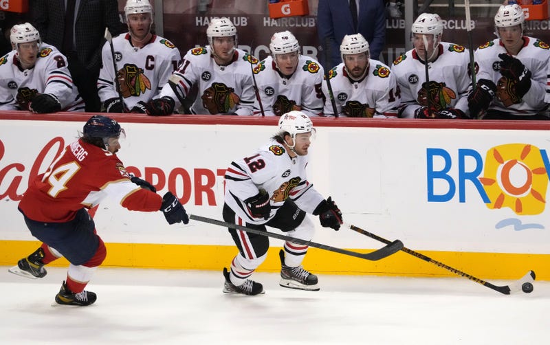Blackhawks left wing Alex DeBrincat (12) skates with the puck away from Panthers left wing Ryan Lomberg (94).