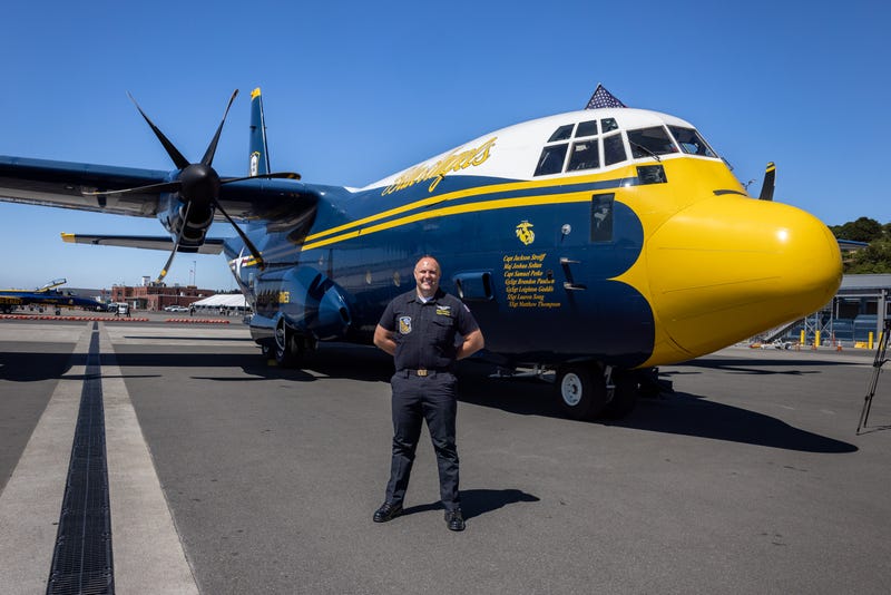 HM1 Brandon Crawford of Tacoma part of the flight team for the US Navy Blue Angels' Fat Albert C-130J