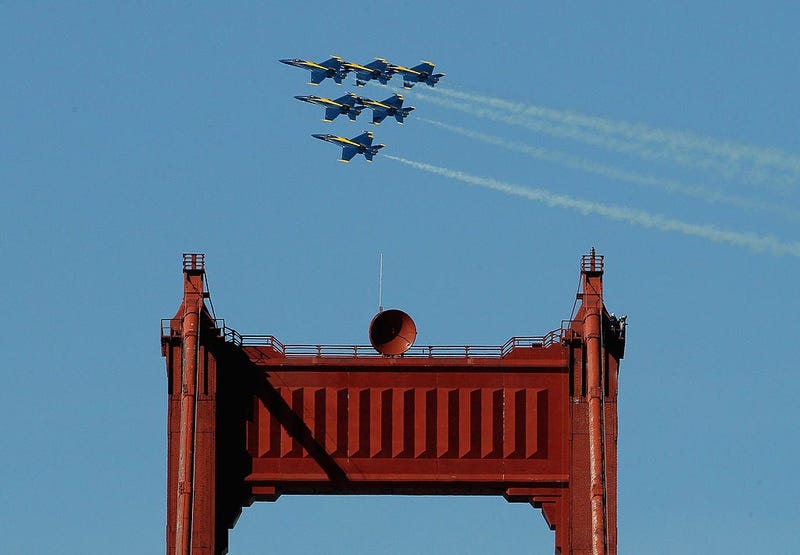 The U.S. Navy Blue Angels F/A-18 Hornets fly over the Golden Gate Bridge on October 8, 2010 in San Francisco, California.