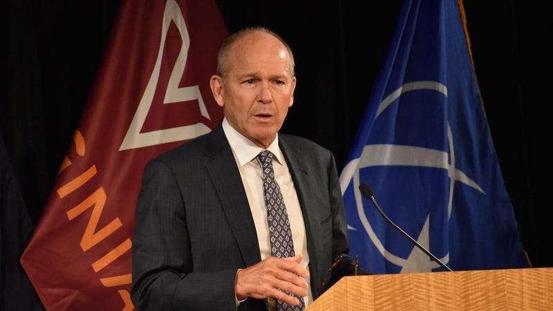 Boeing President and CEO Dave Calhoun speaks at an event Monday at Boeing headquarters in Arlington announcing the creation of The Boeing Center for Veteran Transition and Military Families.