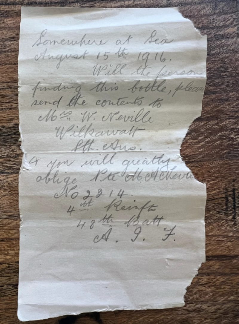 This photo provided by Deb Brown shows a letter discovered in a bottle in Condingup, Australia, Saturday, Oct. 25, 2025.