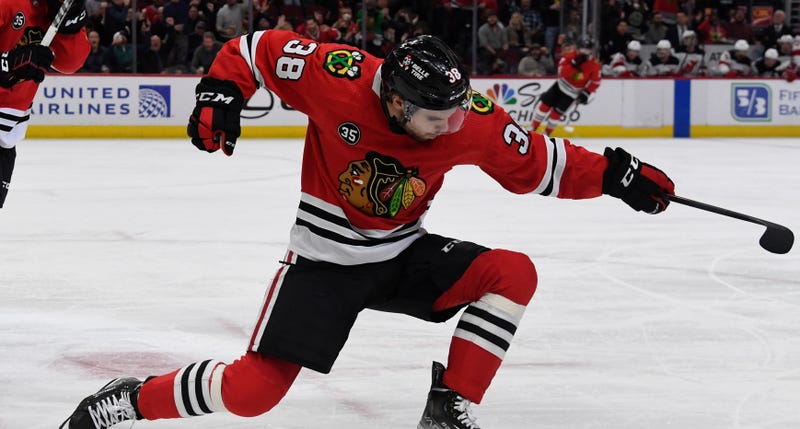 Winger Brandon Hagel celebrates while with the Blackhawks.