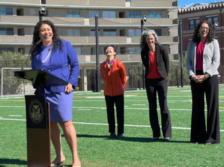 San Francisco Mayor London Breed introduces the new appointees to the school board, Ann Hsu, Lainie Motamedi, and Lisa Weissman-Ward on March 11, 2022