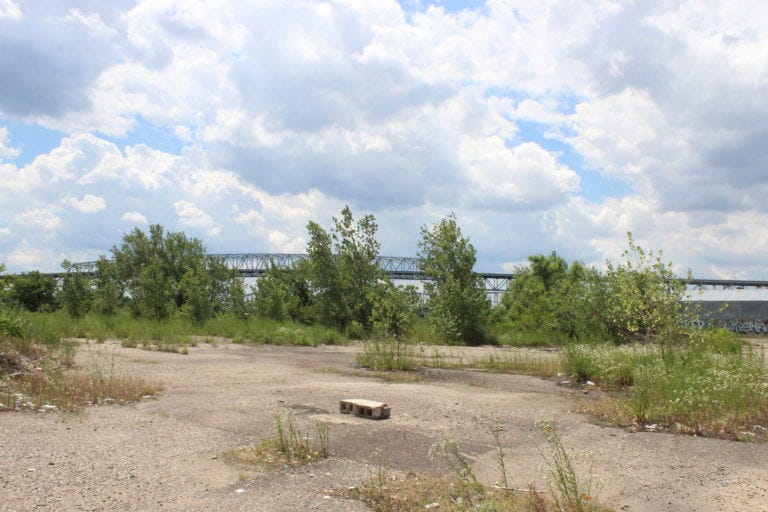 Existing conditions for the Bridesburg Riverfront Park. The Betsy Ross Bridge seen in the distance.