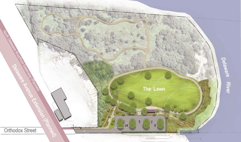 Map of the site for the Riverfront Park in Bridesburg. Highlighted is Phase One.