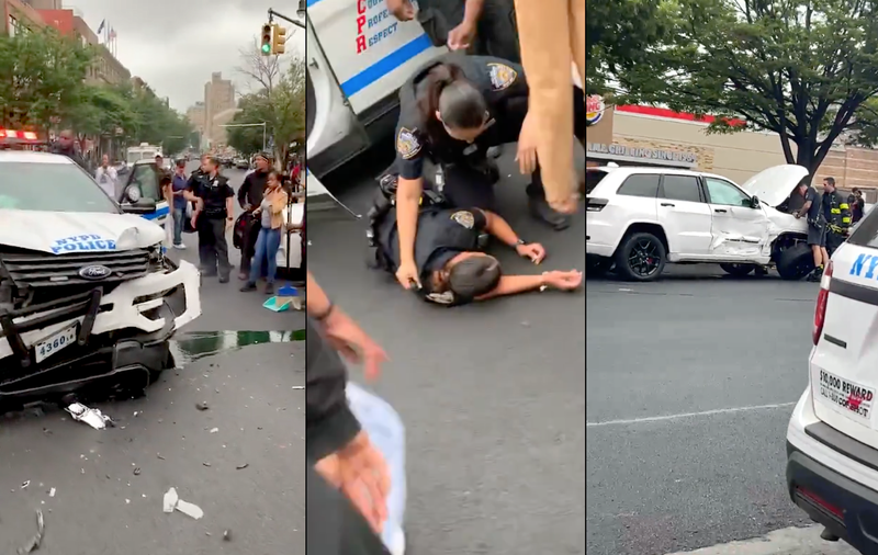 An NYPD cruiser and a Jeep Cherokee collided Monday evening in Mott Haven, leaving two officers and a driver injured