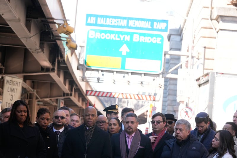 Mayor Eric Adams, Devorah Halberstam, elected officials and community members gather at the Brooklyn Bridge to commemorate the 30-year anniversary of the antisemitic murder of Ari Halberstam by a terrorist.