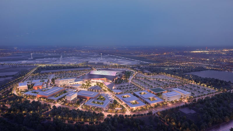 A rendering of a proposed $3.2 billion mixed-use development and enclosed stadium to be built by and for the Cleveland Browns on 176 acres of land in Brook Park, Ohio with an August 2029 completion date