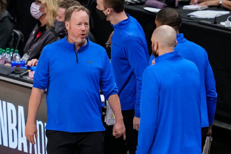 Jun 27, 2021; Atlanta, Georgia, USA; Milwaukee Bucks head coach Mike Budenholzer reacts with his staff after a play against the Atlanta Hawks during the second half during game three of the Eastern Conference Finals for the 2021 NBA Playoffs at State Farm Arena. Mandatory Credit: Dale Zanine-USA TODAY Sports