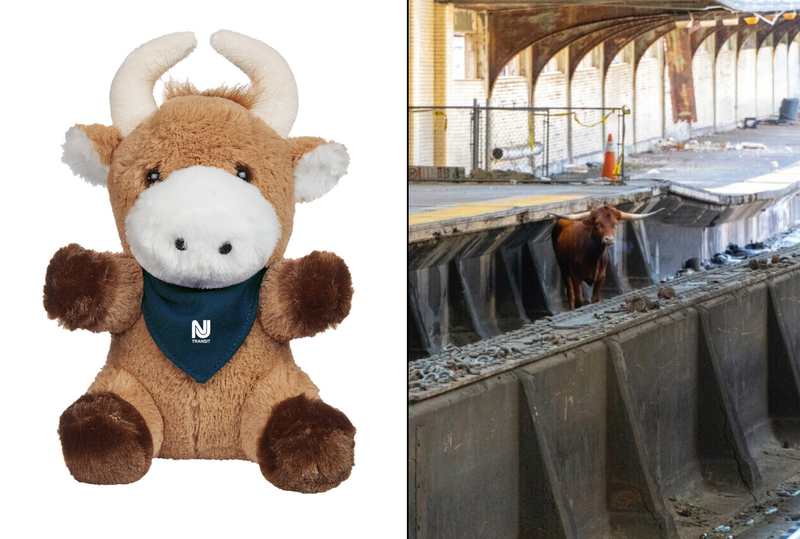 NJ Transit is selling a $20 plush toy of Ricardo the bull (left) after the animal took to the tracks of Newark Penn Station on Dec. 14 (right)
