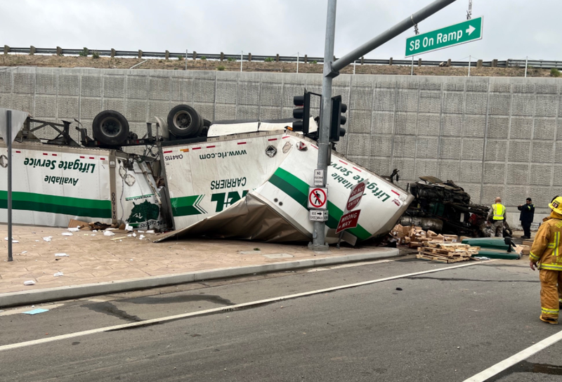 The driver of a semi-truck was injured after it went off an off-ramp on the 5 Freeway in Burbank Sunday morning. 