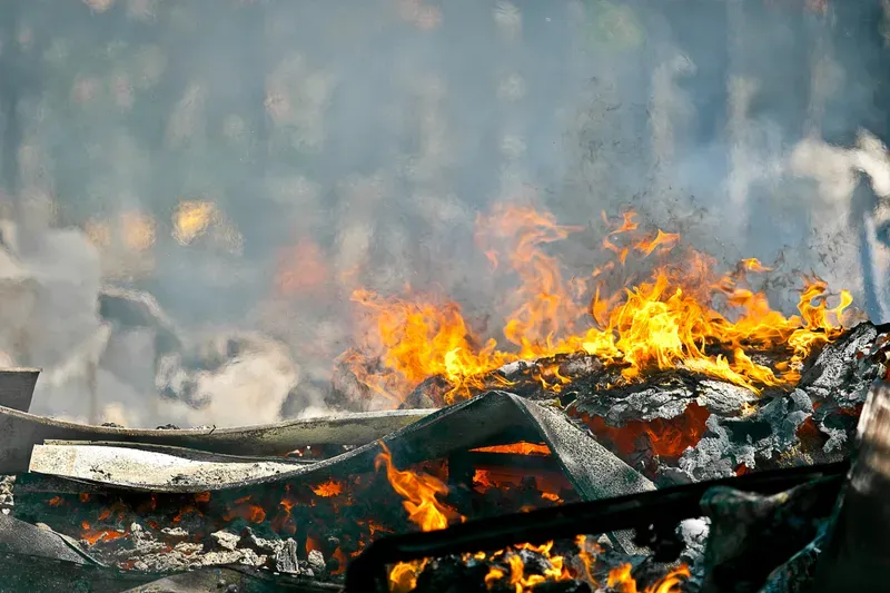 Burning rubble