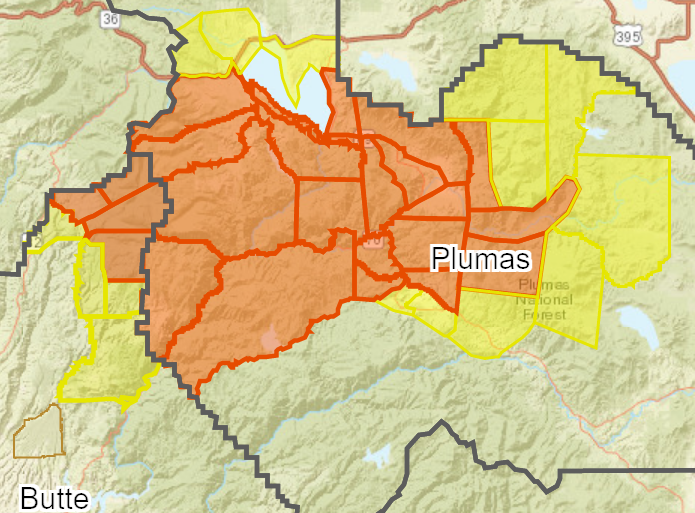 Evacuation orders (in red) and warnings (in yellow) in Butte and Plumas counties.