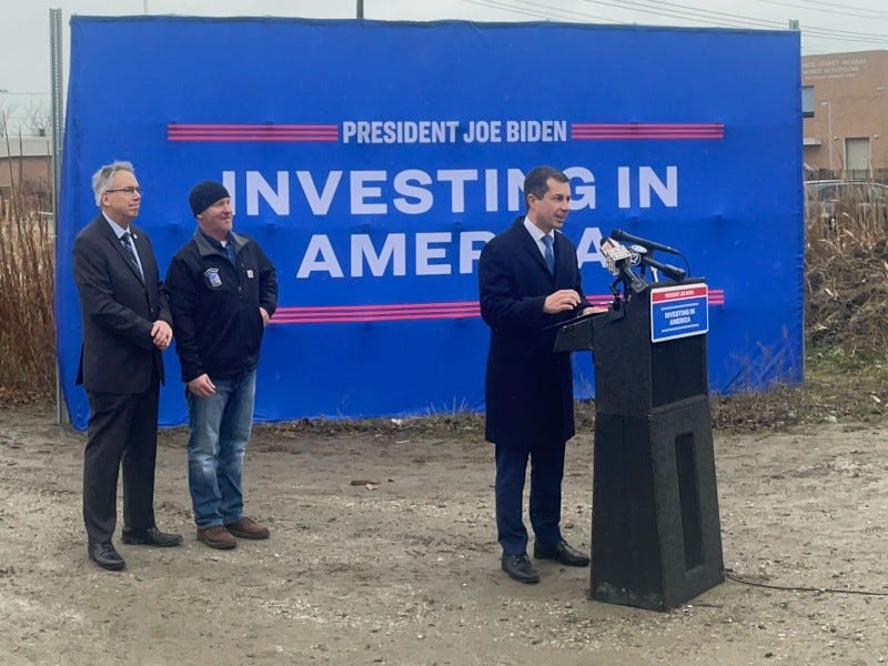 Secretary of Transportation Pete Buttigieg speaks in Monroe County
