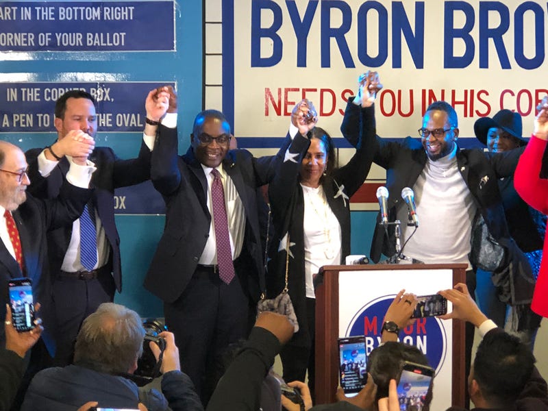 Byron Brown celebrates with supporters after claiming victory over India Walton. November 2, 2021