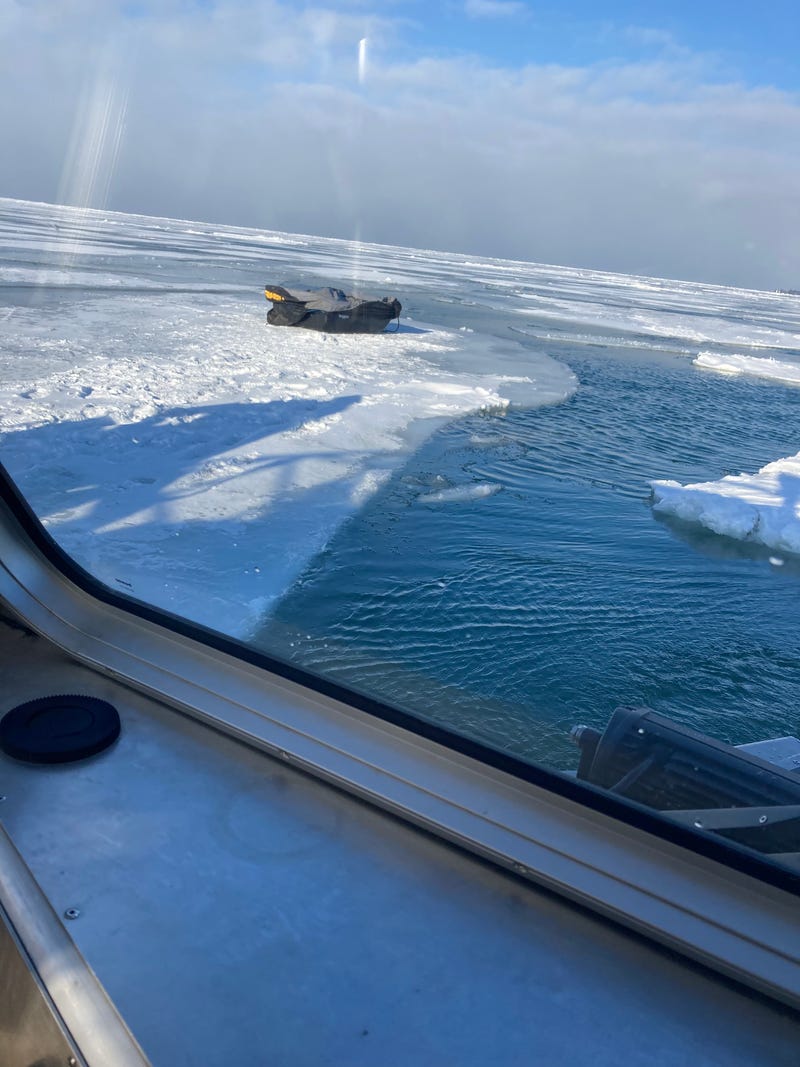 Collapsible shanty left on ice surrounded by open water