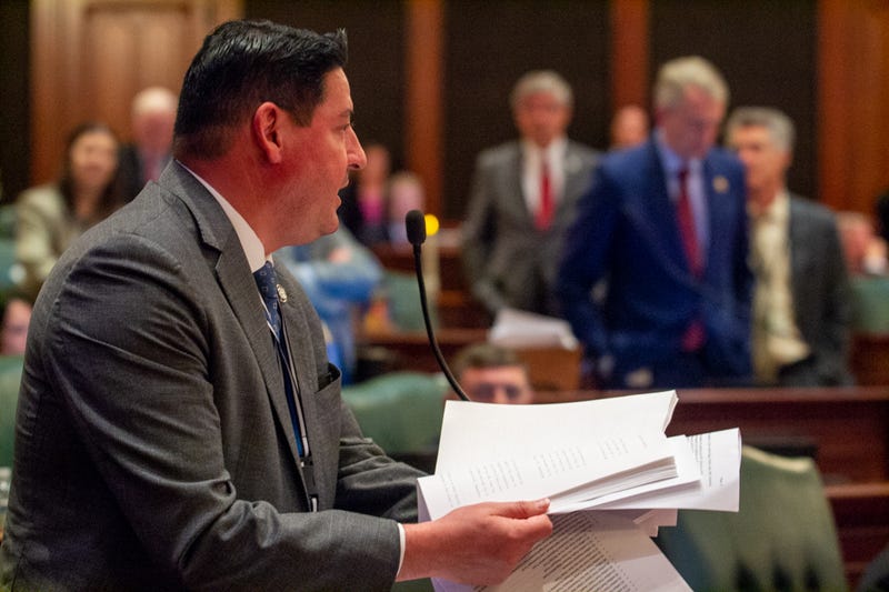 State Rep. John Cabello, R-Machesney Park, points out infrastructure projects that he describes a “pork” in the state budget on Saturday, May 31.