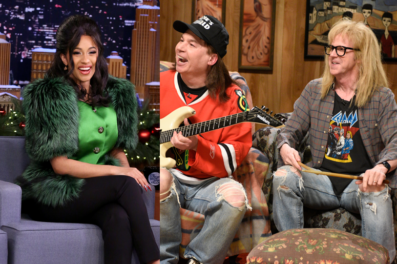 Cardi B and Mike Meyers as Wayne, Dana Carvey as Garth during the Wayne's World skit