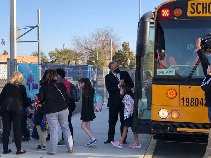 Clark County School District Superintendent Dr. Jesus Jara welcomes kids back to class on 4-6-21