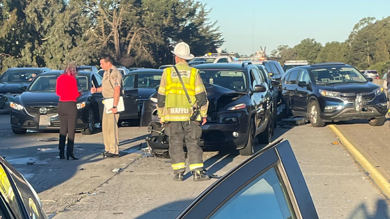 An 11-car pileup occurred March 22, 2022 as people were "driving to fast with the sun in their eyes," according to California Highway Patrol officials. No injuries were reported.