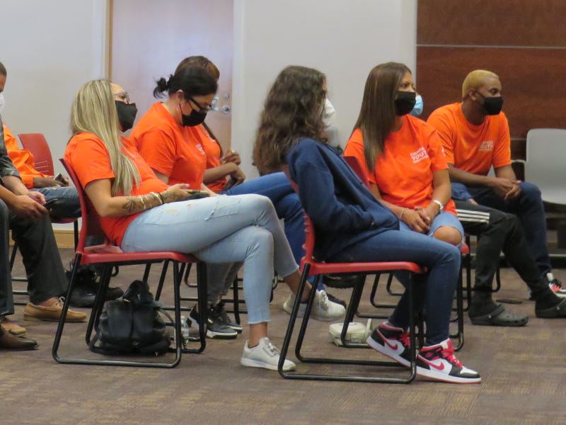 Peacebuilders from COMPASS Youth Collaborative attend an event announcing new funding for Hartford youth organizations, Hartford Public Library, 8/4/21