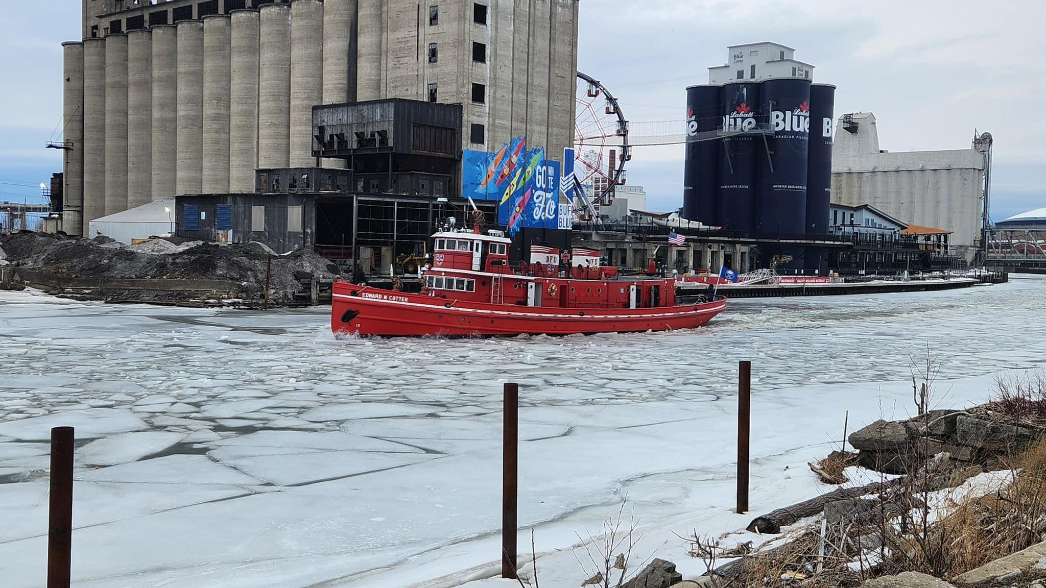 Fireboat Cotter breaking through the ice in advance of soaking rain, warmup