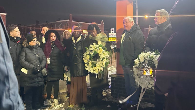 Mayor Cherrelle Parker holding the wreath at the 1 year anniversary vigil of the Northeast Philly medical jet crash 