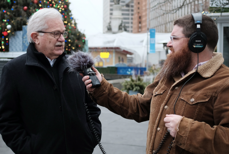 WWJ's Zach Clark talks with the late Bob Gregory in Campus Martius Park (Dec. 2022)