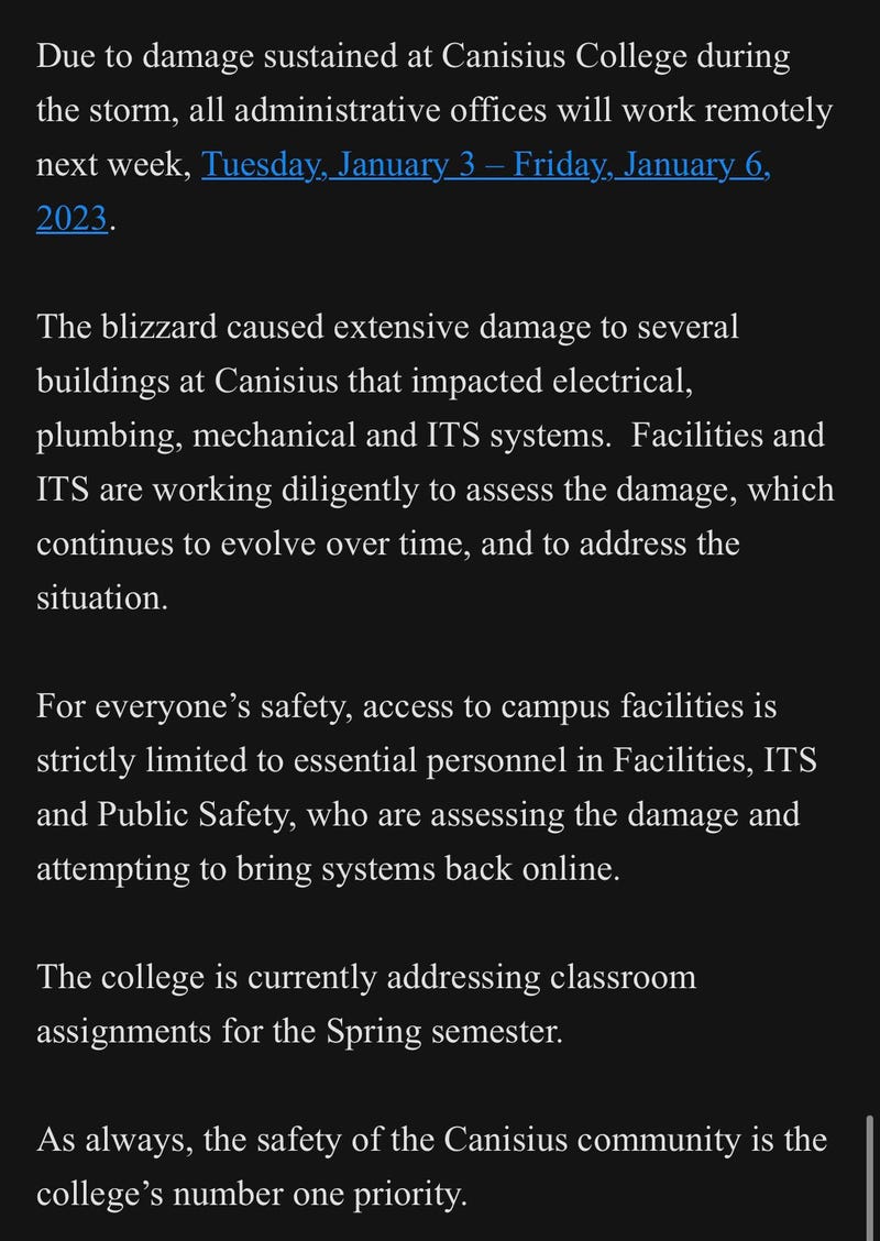An alert issued to campus staff as the blizzard caused extensive damage to several buildings on campus.