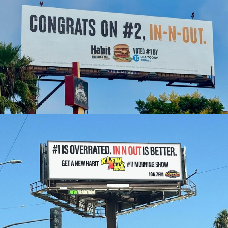 The Habit Burger Grill billboard, and the Klein. Ally. Show. Billboard in defense