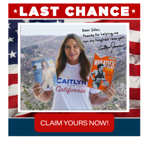 California gubernatorial candidate Caitlyn Jenner poses for a photo up for grabs to donors. In the photo, she hold her iconic box of Wheeties in one hand, and her Sports Illustrated cover issue in another hand.
