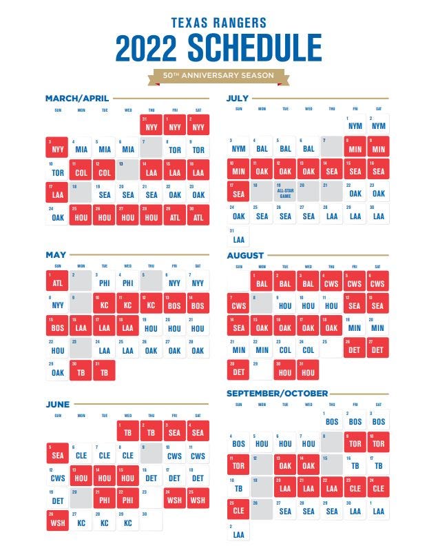Texas Rangers 2022 Schedule