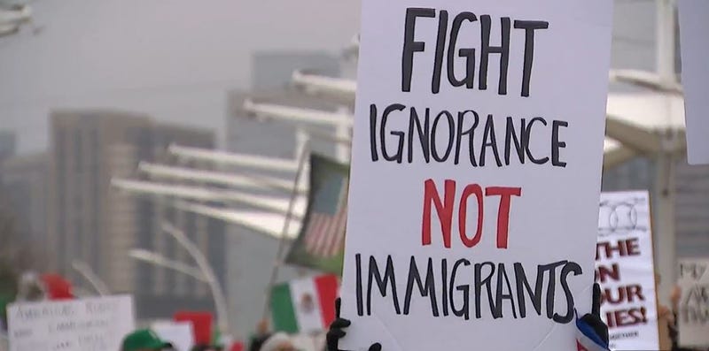 Protestors on the Margaret Hunt Hill Bridge in Dallas, Texas on Sunday, Jan. 26, 2025.
