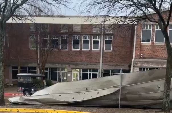 The roof was partially blown off Plano West High School during severe weather on Tuesday, March 4, 2025.