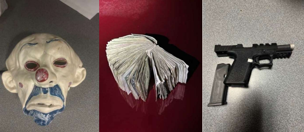 Clown mask, gun, cash