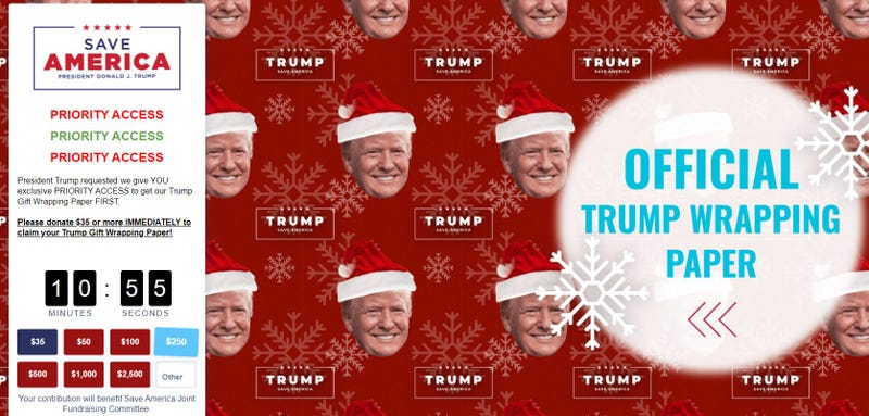 Donate at least $35 to Donald Trump's Save America PAC, and you will receive Christmas wrapping paper bearing the former president's likeness.