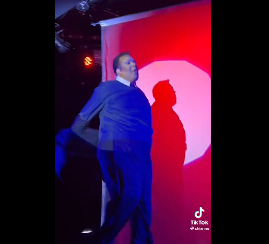 Drag queen Meatball channels the suit-and-tie version of Rep. George Santos at Sasha Velour's monthly drag night, NightGowns, at Le Poisson Rouge in the West Village, on Feb. 26, 2023.