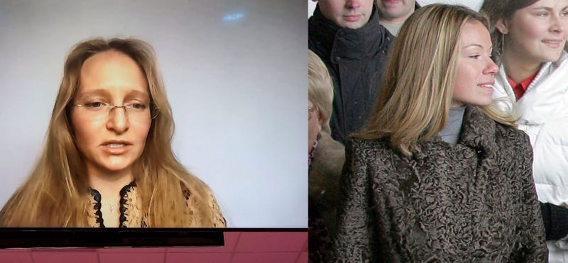 LEFT: Vladimir Putin's youngest daughter, Katerina Tikhonova, speaks via video link during a panel session on day three of the St. Petersburg International Economic Forum (SPIEF) in St. Petersburg, Russia, on Friday, June 4, 2021. RIGHT: Putin's oldest daughter, Mariya Putina in Moscow on December 2, 2007